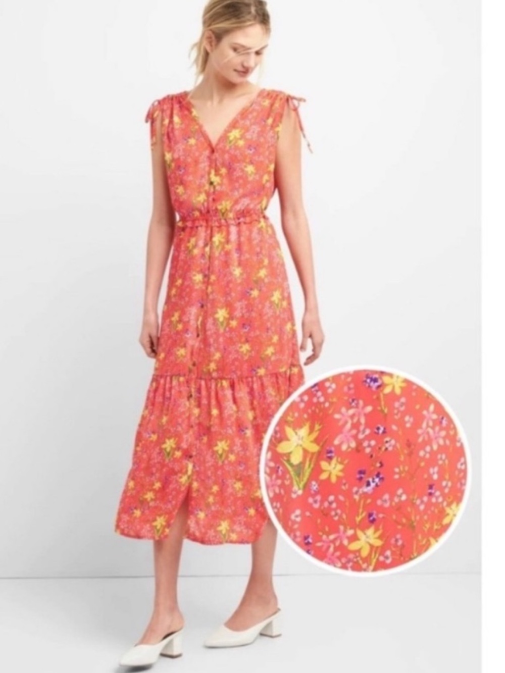 GAP Coral Floral Midi Dress with Yellow Accents - Picture 2 of 8